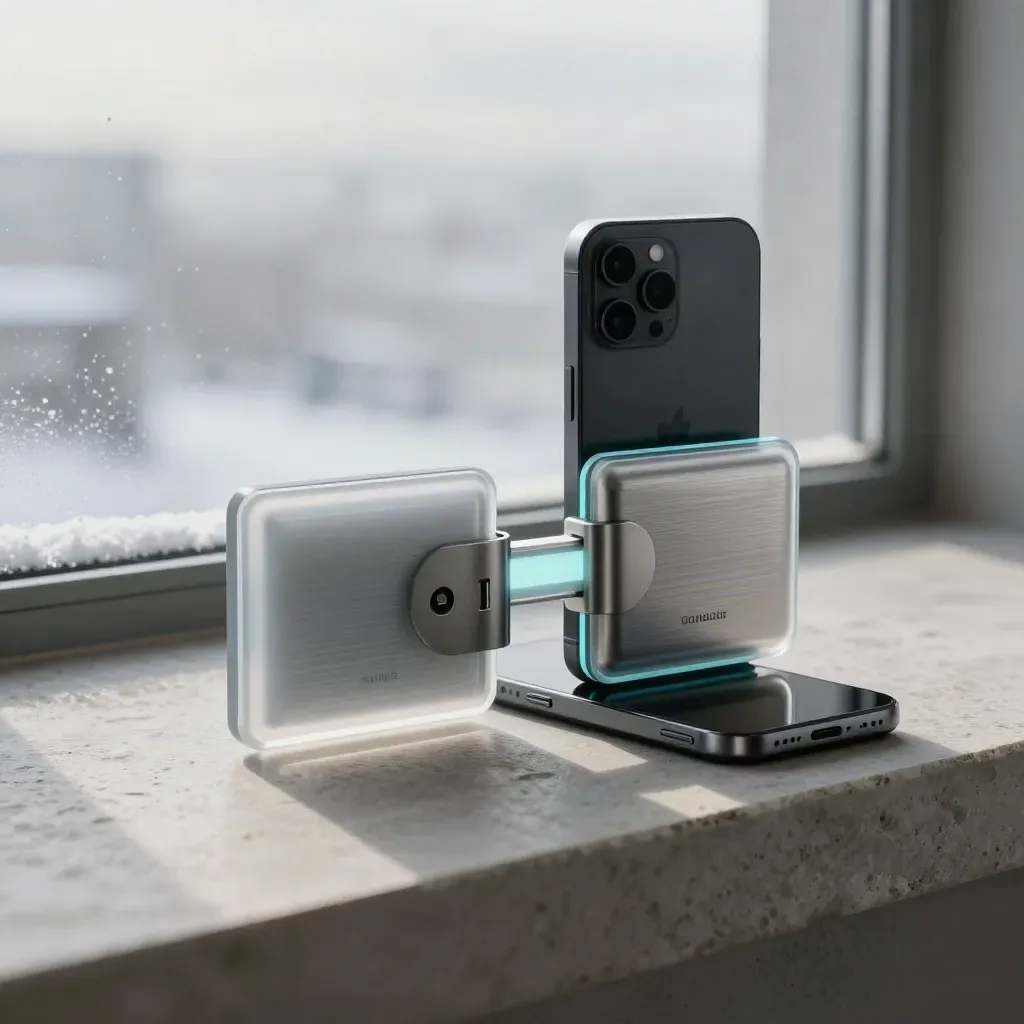 Crypto swap hardware wallets and glowing transfer bridge by a winter window