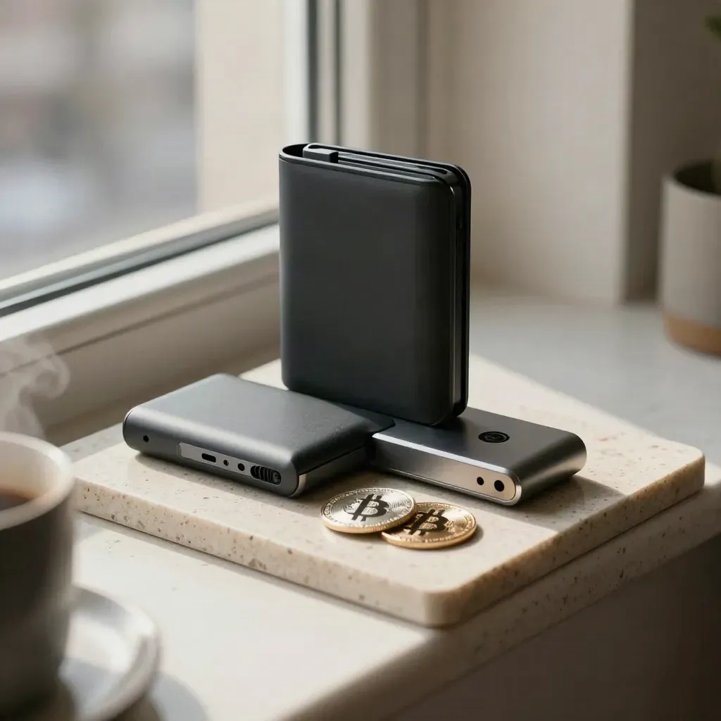 Black hardware wallet and dock with two metal tokens on a stone ledge in a Toronto condo.