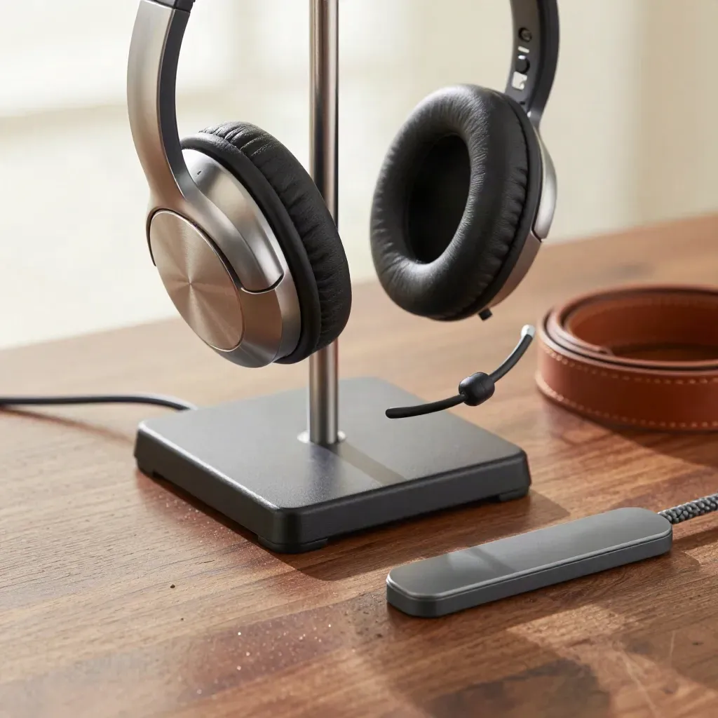 Macro still life of a crypto support headset stand, phone dock and leather cord wrap on walnut.