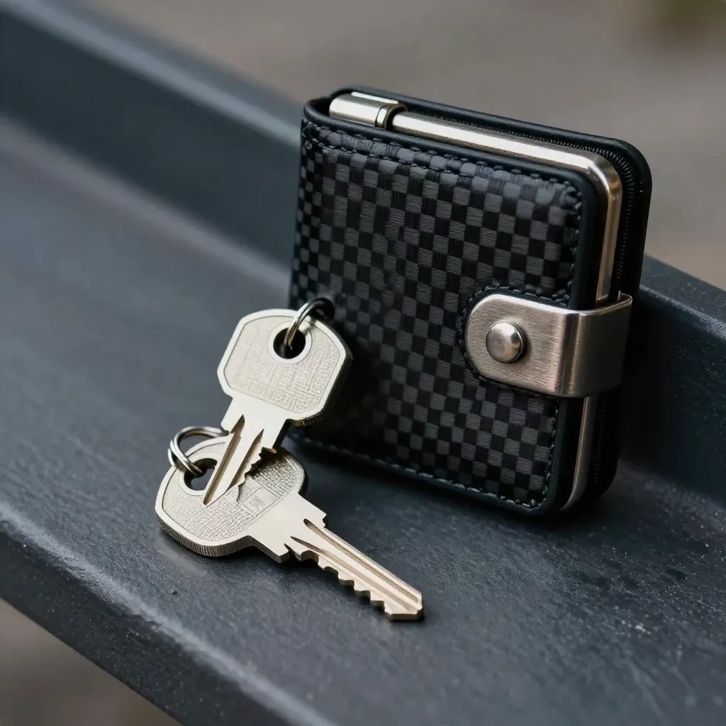 Titanium key, tamper seal and encrypted wallet case on a dark bench under hard side light.
