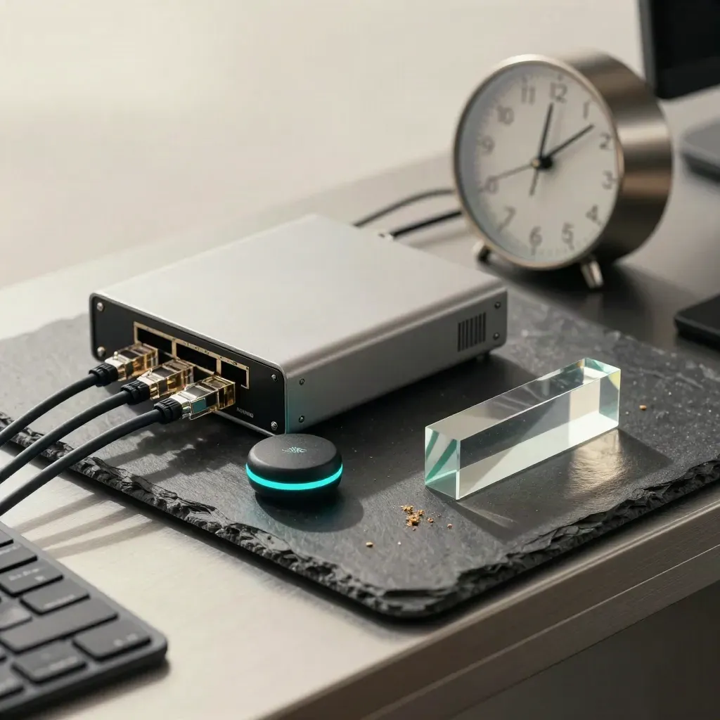 Overhead still life of a network hub, glowing sync puck, blurred clock and glass prism on slate.