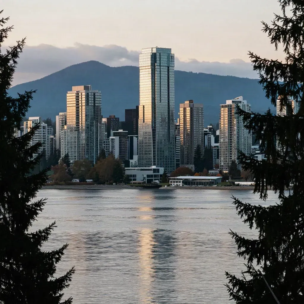 Metro Vancouver skyline over Burrard Inlet at golden hour with haze, evergreens, and mountains