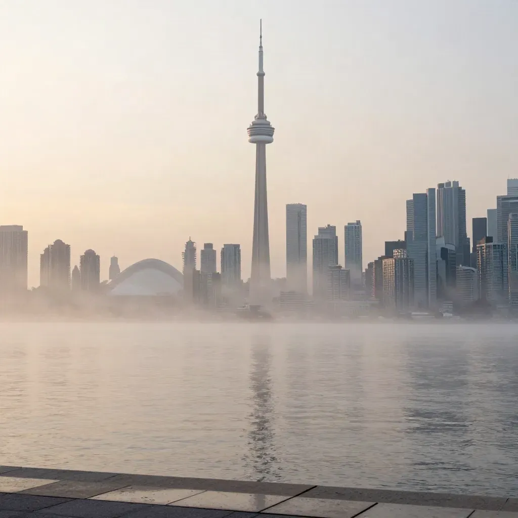 Toronto skyline and CN Tower rising from Lake Ontario mist at sunrise, open calm water below.